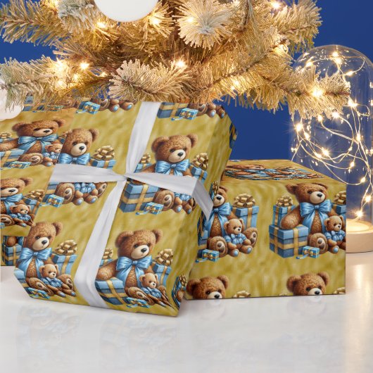 Papier Cadeau Nounours de Noël en bleu et Brown (Vacances)