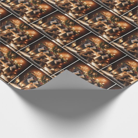 Papier Cadeau Nounours Devant Une Cheminée De Noël (Coin)