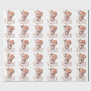 Papier Cadeau Nounours mignon tenant un bouquet de roses rose pê