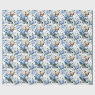Papier Cadeau Nounours tient des fleurs d'hortensia