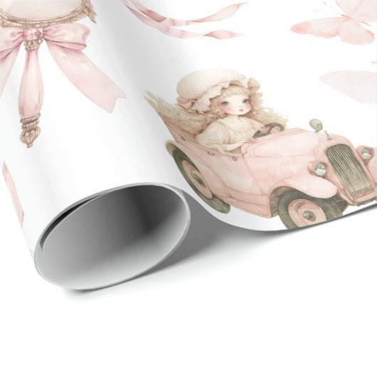 Papier Cadeau Nourriture vintage fille rose (Coin rond)