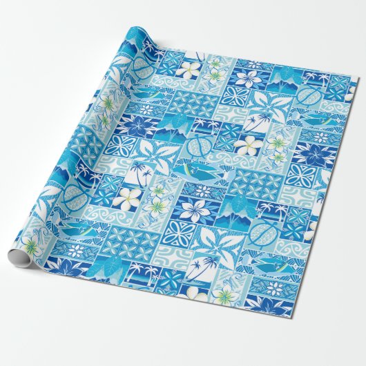 Papier Cadeau Nouveau motif hawaïen - bleu (Déroulé)