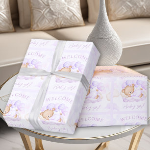 Papier Cadeau Nouveau-né Baby Fille Nom Purple Lavender Ours