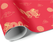 Papier Cadeau Nouvel An chinois Dragon Nuages Auspicious Rouge (Coin rond)