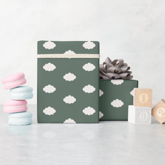 Papier Cadeau Nuages d'ivoire sur fond vert foncé (Baby Shower)