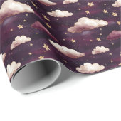 Papier Cadeau Nuages et étoiles sur violet foncé (Coin rond)