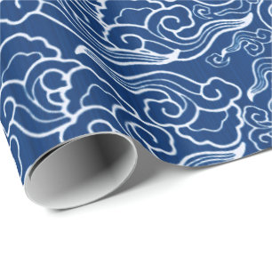 Papier Cadeau Nuages japonais vintages, bleu de cobalt et blanc