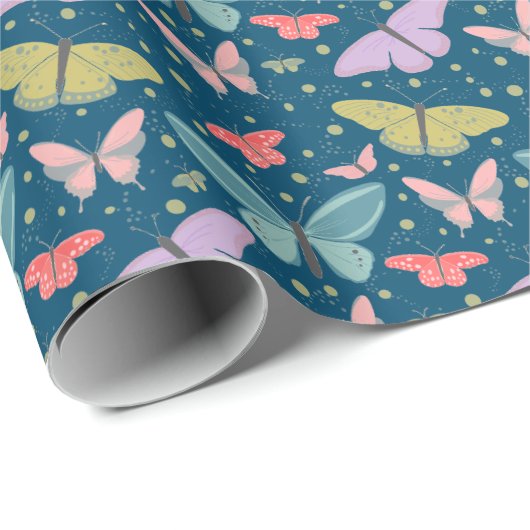 Papier Cadeau Nuages Peints de Papillons Bleu Foncé (Coin rond)