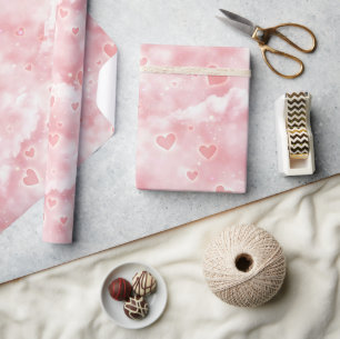Papier Cadeau Nuages roses de la Saint-Valentin avec des coeurs