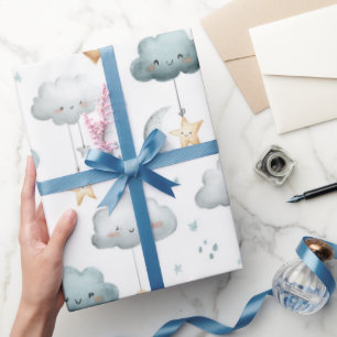 Papier Cadeau Nuages souriants bleus et gris Étoiles dorées