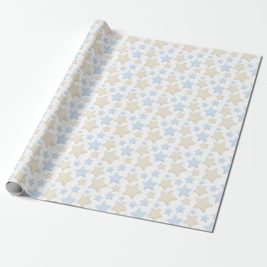 PAPIER CADEAU NUANCES DE BLEU ET ÉTOILES BEIGE (Déroulé)