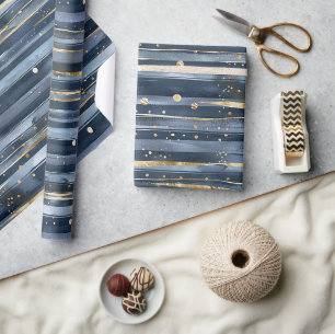 Papier Cadeau Nuances de bleu Or Rayures Points Rêves Anniversai