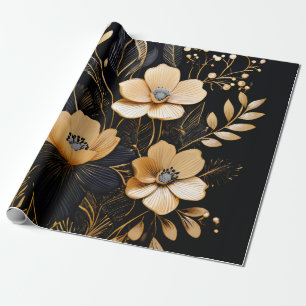Papier Cadeau Nuit florale : Motifs noir et or