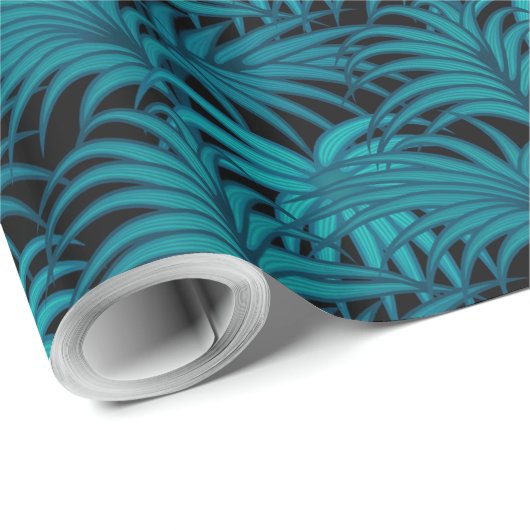 Papier Cadeau Nuit Tropical Turquoise Palm Feuilles (Coin rond)