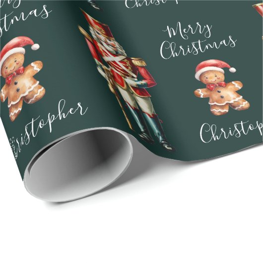 Papier Cadeau Nutcracker mignon vert foncé Noël personnalisé (Coin rond)