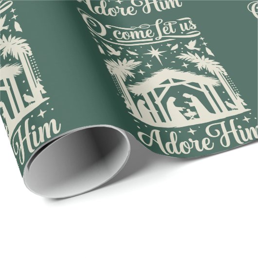 Papier Cadeau O Come Let Us Adore Him Nativity Scene Christian (Coin rond)