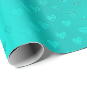 Papier Cadeau Ocean Blue Aqua Metallic Hearts Plage Mariage