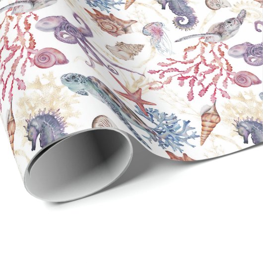 Papier Cadeau Océan Mer Coral Créature Sous-marin Monde (Coin rond)