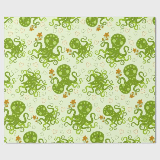 Papier Cadeau Octopes Vertes Avec Fleurs (Plat)