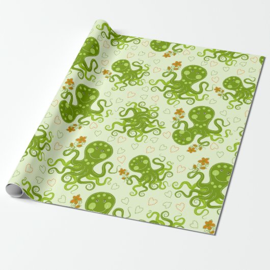 Papier Cadeau Octopes Vertes Avec Fleurs (Déroulé)