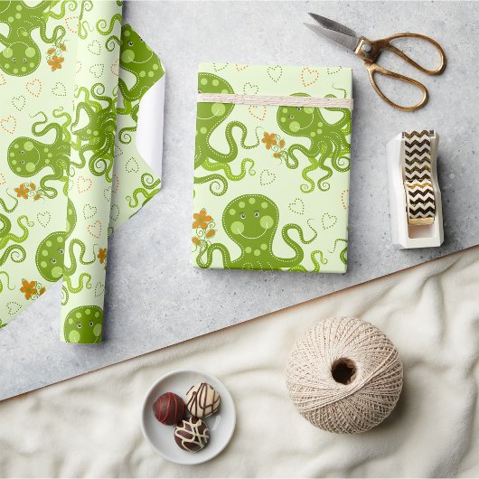 Papier Cadeau Octopes Vertes Avec Fleurs