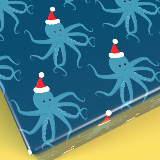 Papier Cadeau Octopus bleu à Noël à Santa Hat