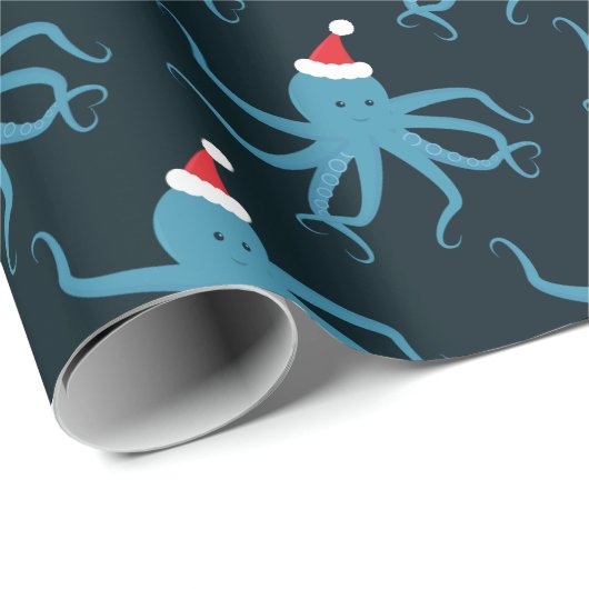 Papier Cadeau Octopus bleu foncé à Santa Hat Noël (Coin rond)