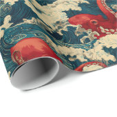 Papier Cadeau Octopus dans les vagues océaniques (Coin rond)