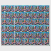 Papier Cadeau Octopus de Noël portant un chapeau de Père Noël (Plat)