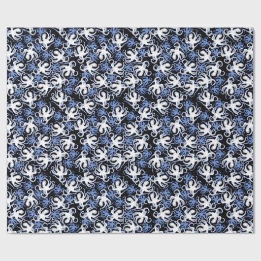 Papier Cadeau Octopus noir, blanc et bleu Motif sans couture (Plat)
