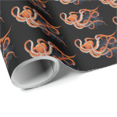 Papier Cadeau Octopus Orange Mandala bleu (Coin rond)