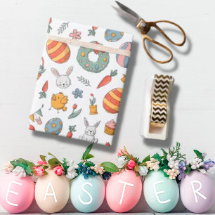 Papier Cadeau Oeufs colorés mignons Lapin Printemps Motif Pâques