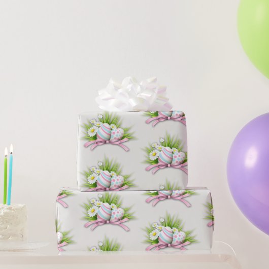 Papier Cadeau Oeufs de Pâques au ruban rose (Cadeaux de fête)