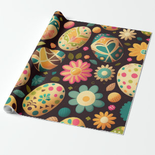 Papier Cadeau Œufs de Pâques colorés et fleurs printanières d'ar