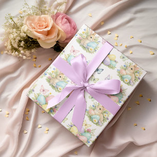Papier Cadeau Œufs de Pâques et Lapins au Pastel Fleurs & Papill