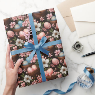 Papier Cadeau Oeufs de Pâques Paniers en osier Fleurs de printem