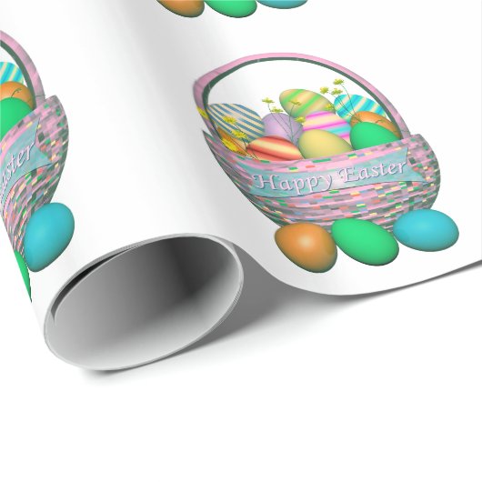 Papier Cadeau Oeufs de Pâques peints en panier (Coin rond)