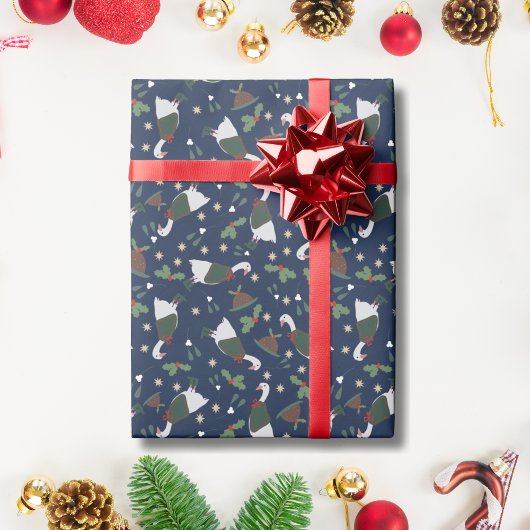 Papier Cadeau Oie de Noël bleu foncé avec Pudding de Figgy