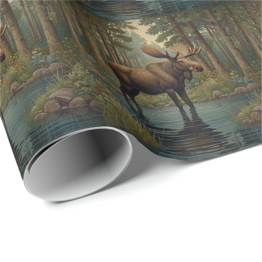 Papier Cadeau Oie rustique boho bois forêt verdure art (Coin rond)