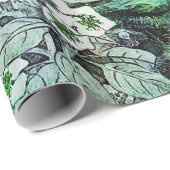 Papier Cadeau OISEAU, ARBRE, FLEURS BLANCHES VERTES Floral (Coin rond)