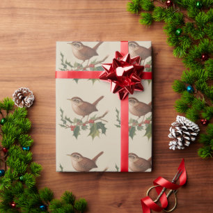 Papier Cadeau Oiseau de fête Roitelet sur branche de houx Noël N
