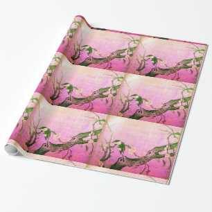 Papier Cadeau OISEAU DE PRINTEMPS ET FLEURS ARBRE rose Brown