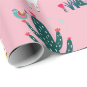 Papier Cadeau Oiseau et cactus mignons de lama (Coin rond)