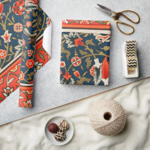 Papier Cadeau Oiseau et fleurs Perse Motif bleu rouge