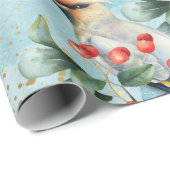 Papier Cadeau Oiseau finlandais, verdure de Noël, baie rouge (Coin rond)