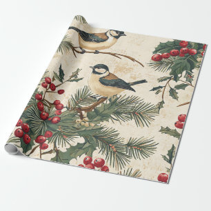 Papier Cadeau Oiseau Héritage Chanson Holly Noël Crème Boisée