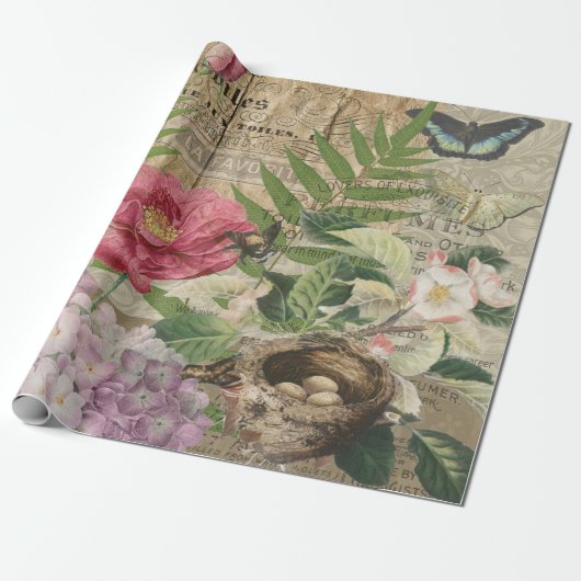 Papier Cadeau Oiseau Nid Floral Jardin Fleur Papillon Art (Déroulé)