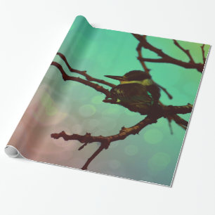 Papier Cadeau Oiseau Sur Une Branche -Aqua N Rose