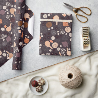 Papier Cadeau Oiseaux aux casquettes, décors, cônes de pins à No