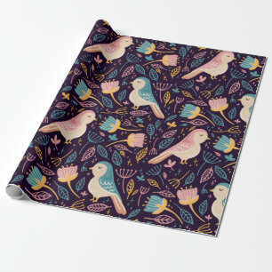Papier Cadeau Oiseaux bleus et roses avec fleurs et feuilles sur
